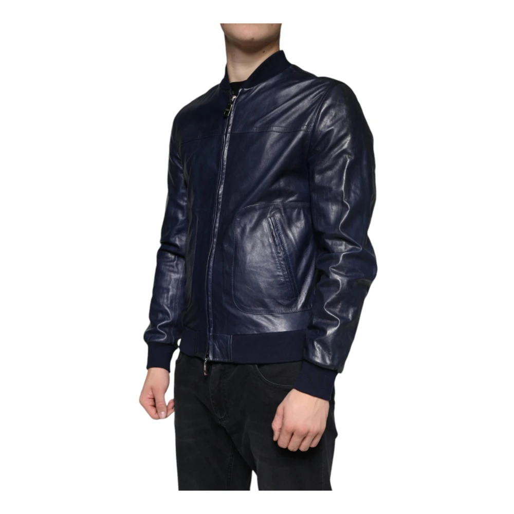 Dolce & Gabbana Blauwe Lamsskin Leren Bikerjack met Logo Blue Heren