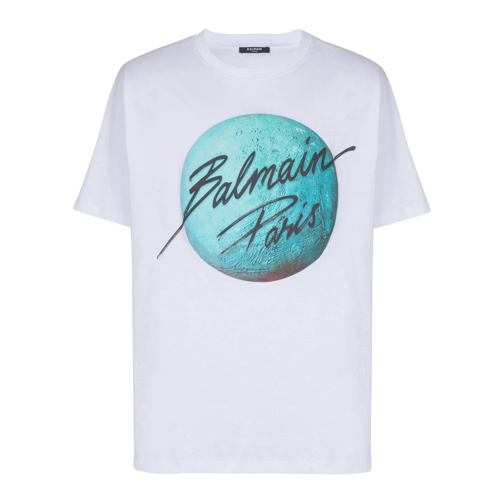 Balmain Bedrukt Paris-logo en planeet T-shirt White Heren