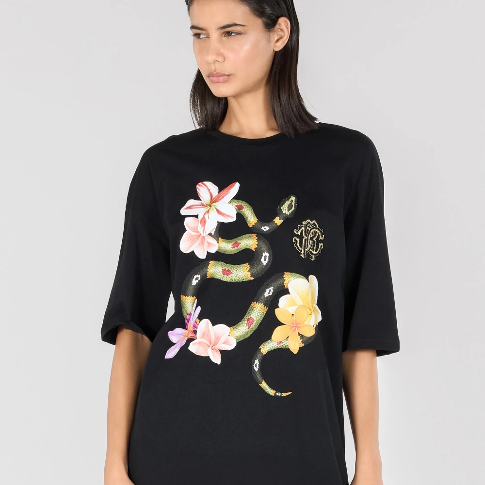 Roberto Cavalli T-shirt met slangen- en bloemenprint en ronde hals Black Dames