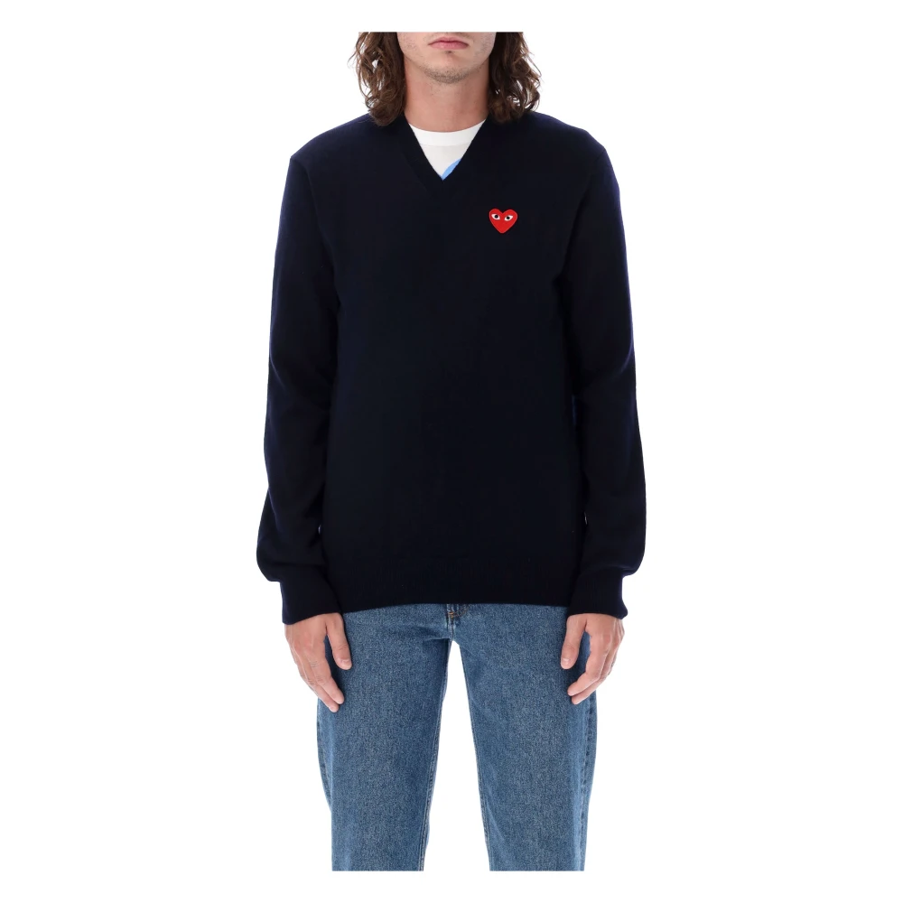 Comme des Garçons Play Hart V-Hals Icoon Shirt Blue Heren