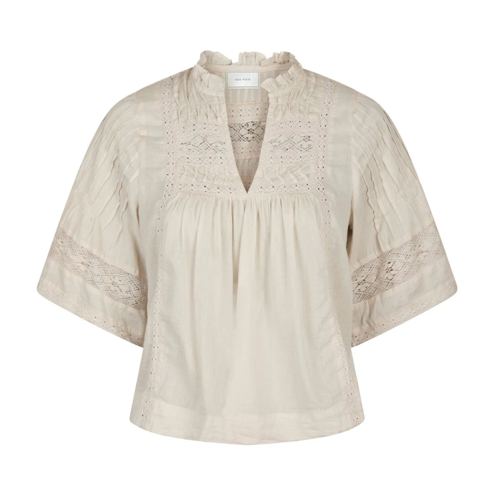 Neo Noir Women's Beige Blouses, Xs, Flounce Sleeve Embroidered Blouse Ivory