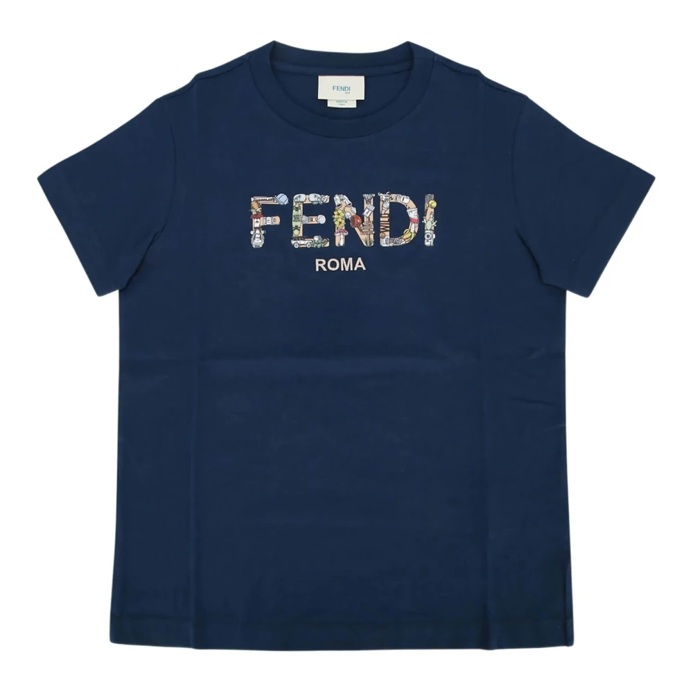 Fendi Boys Blue Kids Short Sleeve T-Shirts, 7 Y, Logo Lettering T-Shirt
