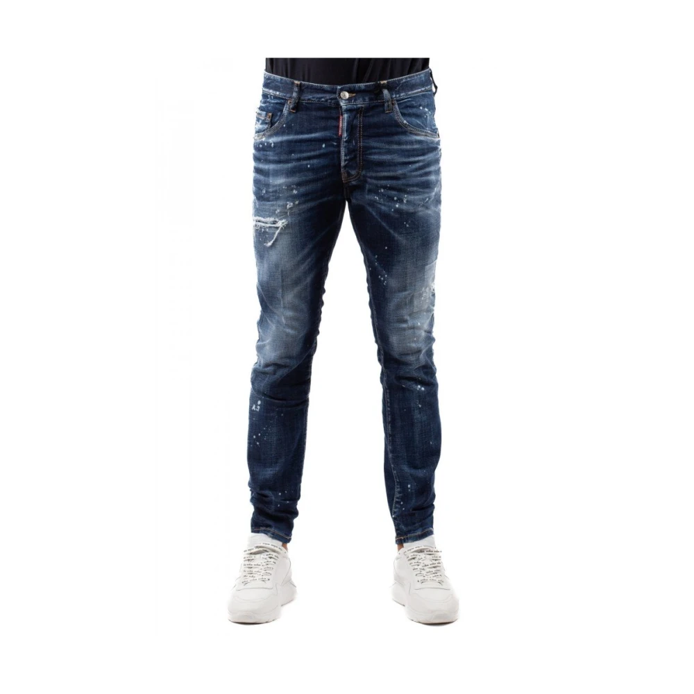 Dsquared2 Distressed Skater Skinny Jeans met Paint Splatters Blue Heren