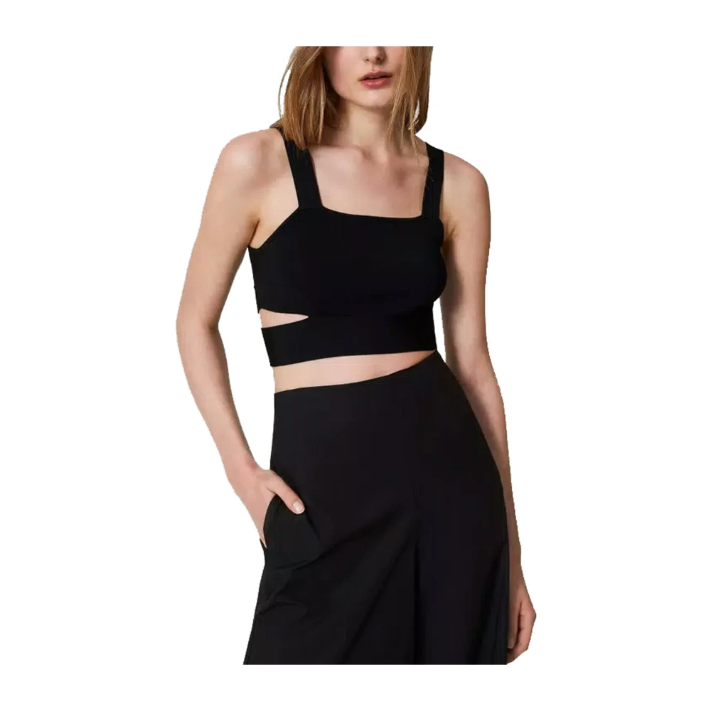 Twinset Gebreide Crop Top met Zijuitsparingen Black Dames
