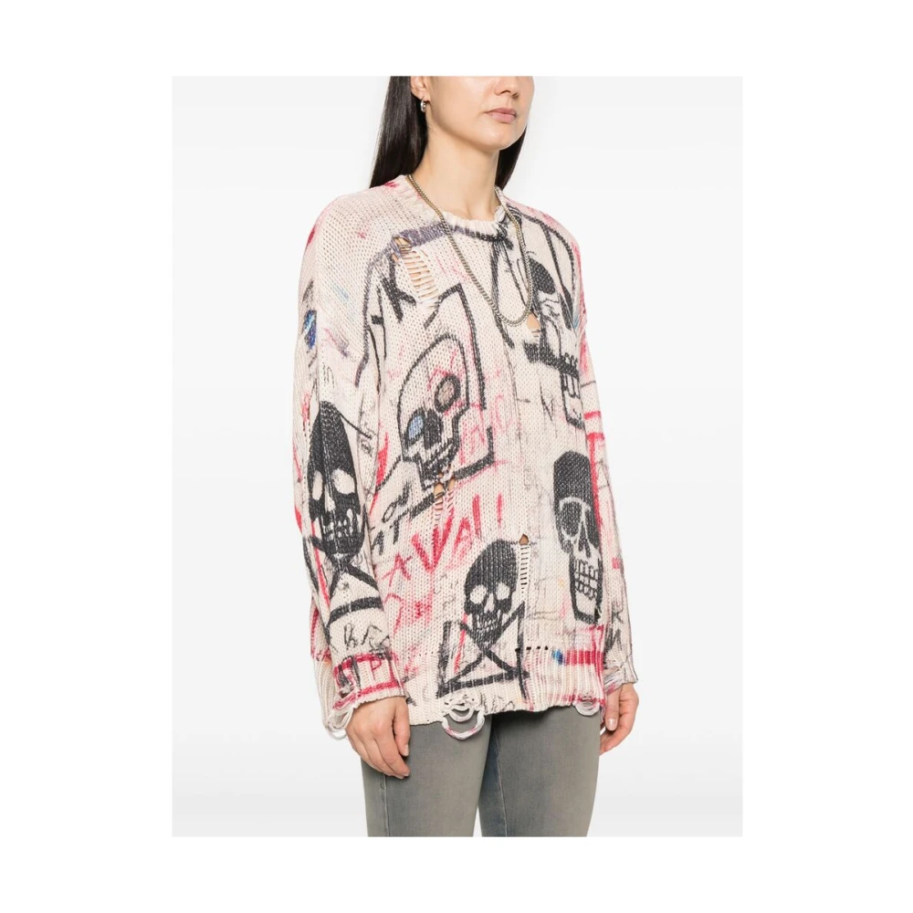 R13 Ecru Trui met Ronde Hals en Gescheurde Details Multicolor Dames