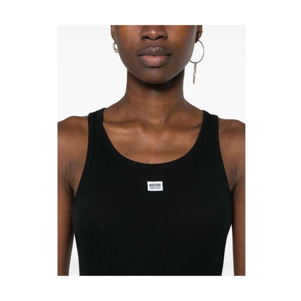 Moschino Zwarte Katoenen Geribbelde Logo Patch Jurk Black Dames