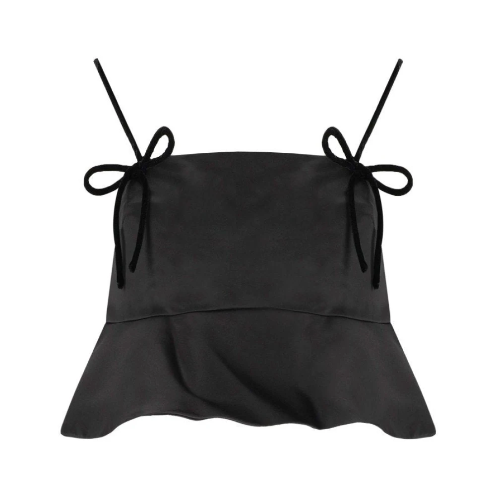 Ganni Women's Black Satin Bow Detail Top