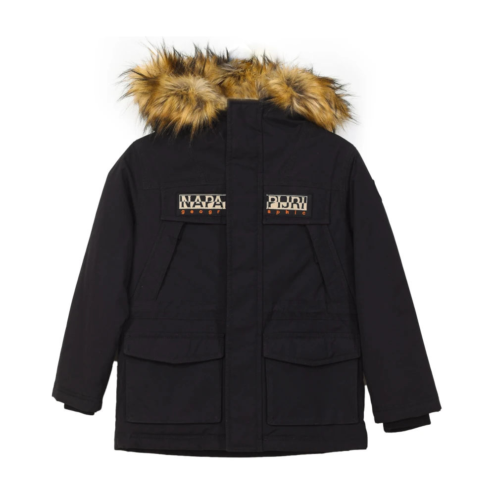 Napapijri Boys Black Winter Jacket For With Hood