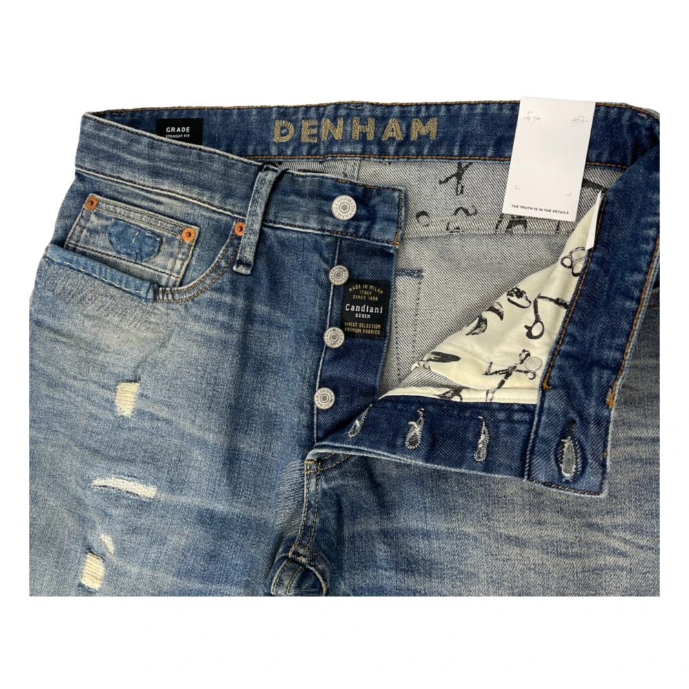 Denham Destroyed Straight Fit Donkerblauwe Jeans met Knoopsluiting Blue Heren