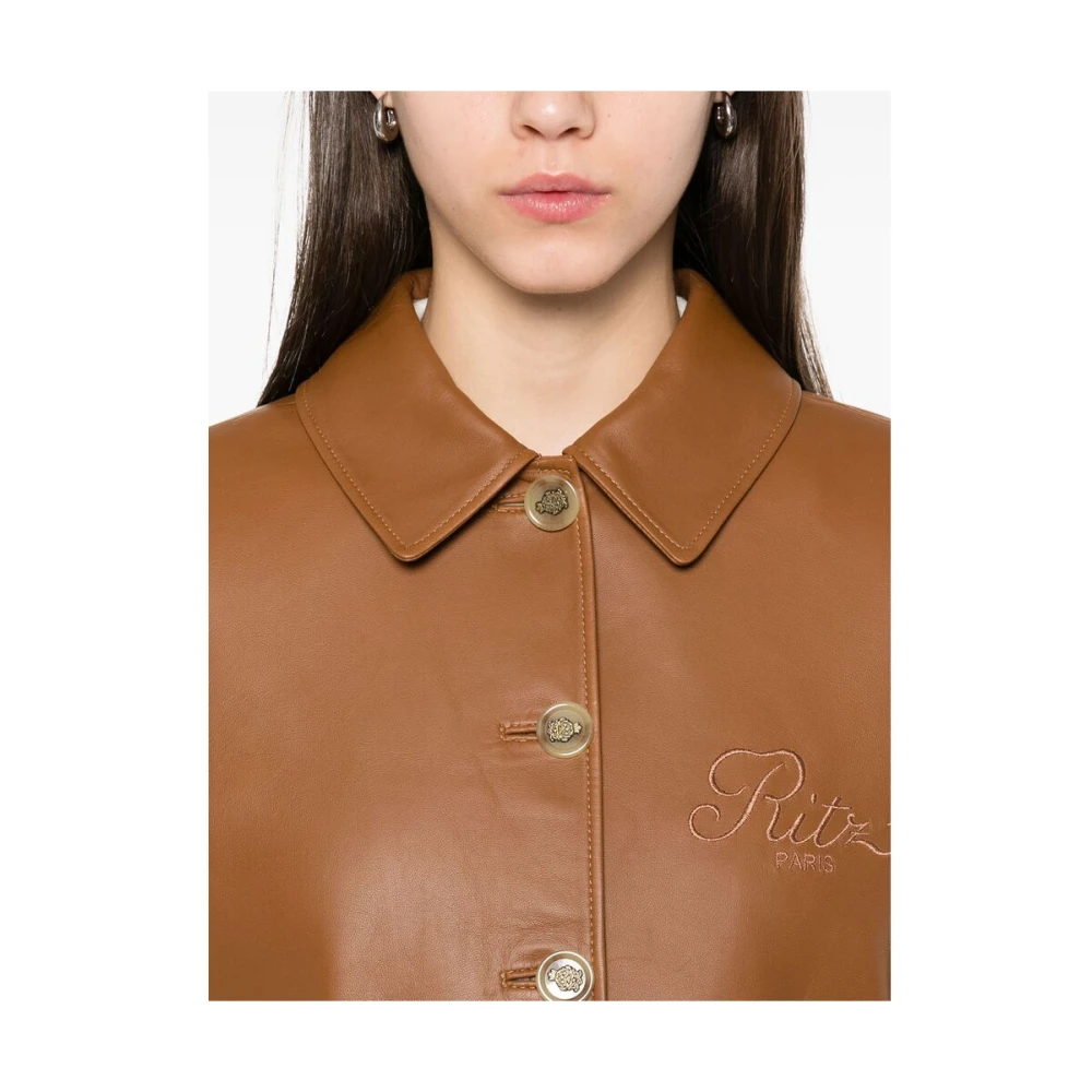 Frame Parijse Chic Leren Buitenkleding met Schoudervullingen Brown Dames