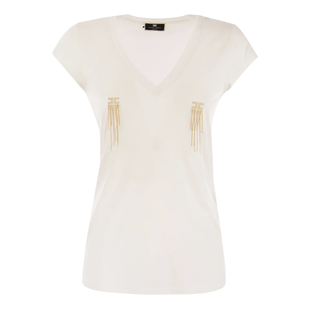 Elisabetta Franchi Modal V-Hals T-Shirt met Kettingdetail White Dames