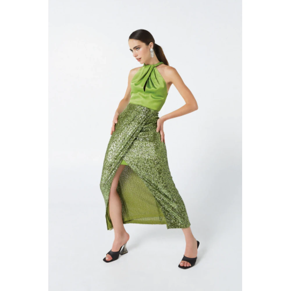 Nenette Glitter Midi Rok met Split aan de Voorkant Green Dames