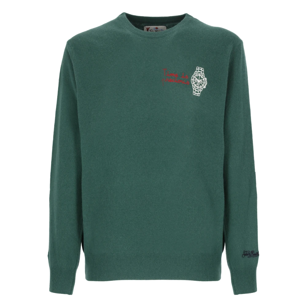 Saint Barth Groene Crew Neck Sweater met Money Time Borduurwerk Green Heren