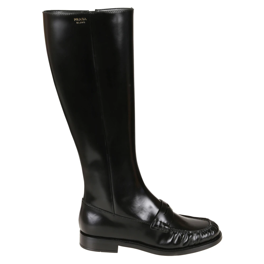 Prada Women's Black High Boots, 7 Uk, Brushed Leather Loafer Boots