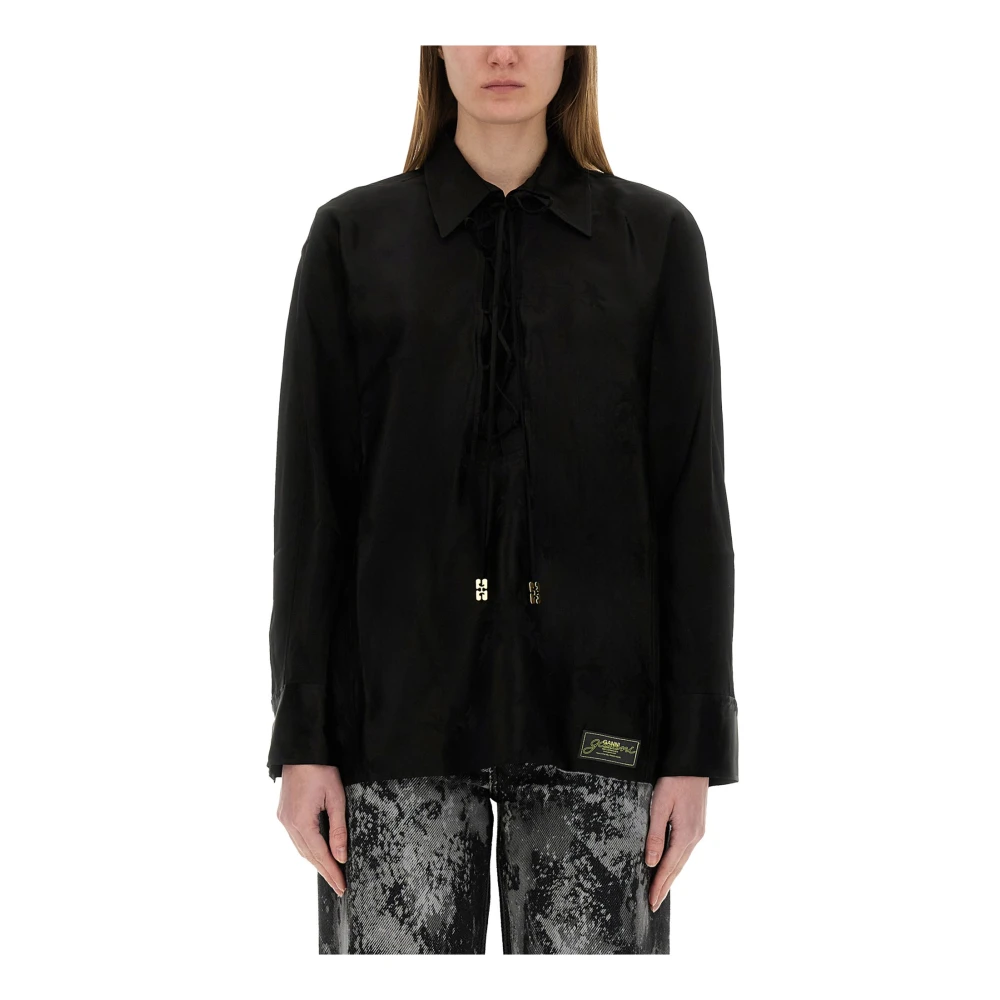 Ganni , Blouses, Female, Black, S, Fluid Satin Jacquard Tie String Raglan Shirt