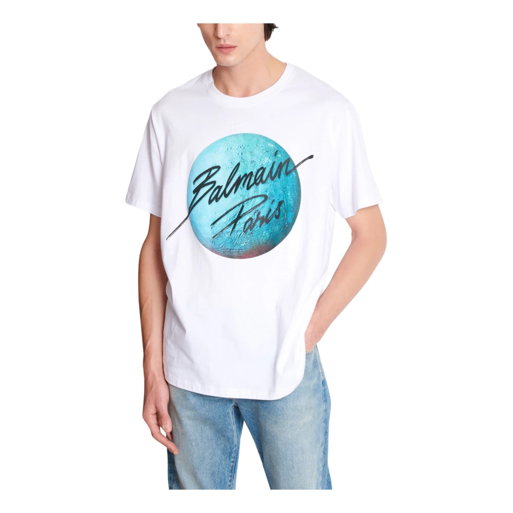 Balmain Bedrukt Paris-logo en planeet T-shirt White Heren