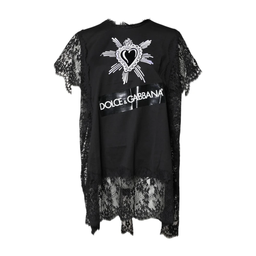Dolce & Gabbana , T-Shirts, Female, Black, M, Black Lace T-Shirt With Sacred Heart Print - Image 3