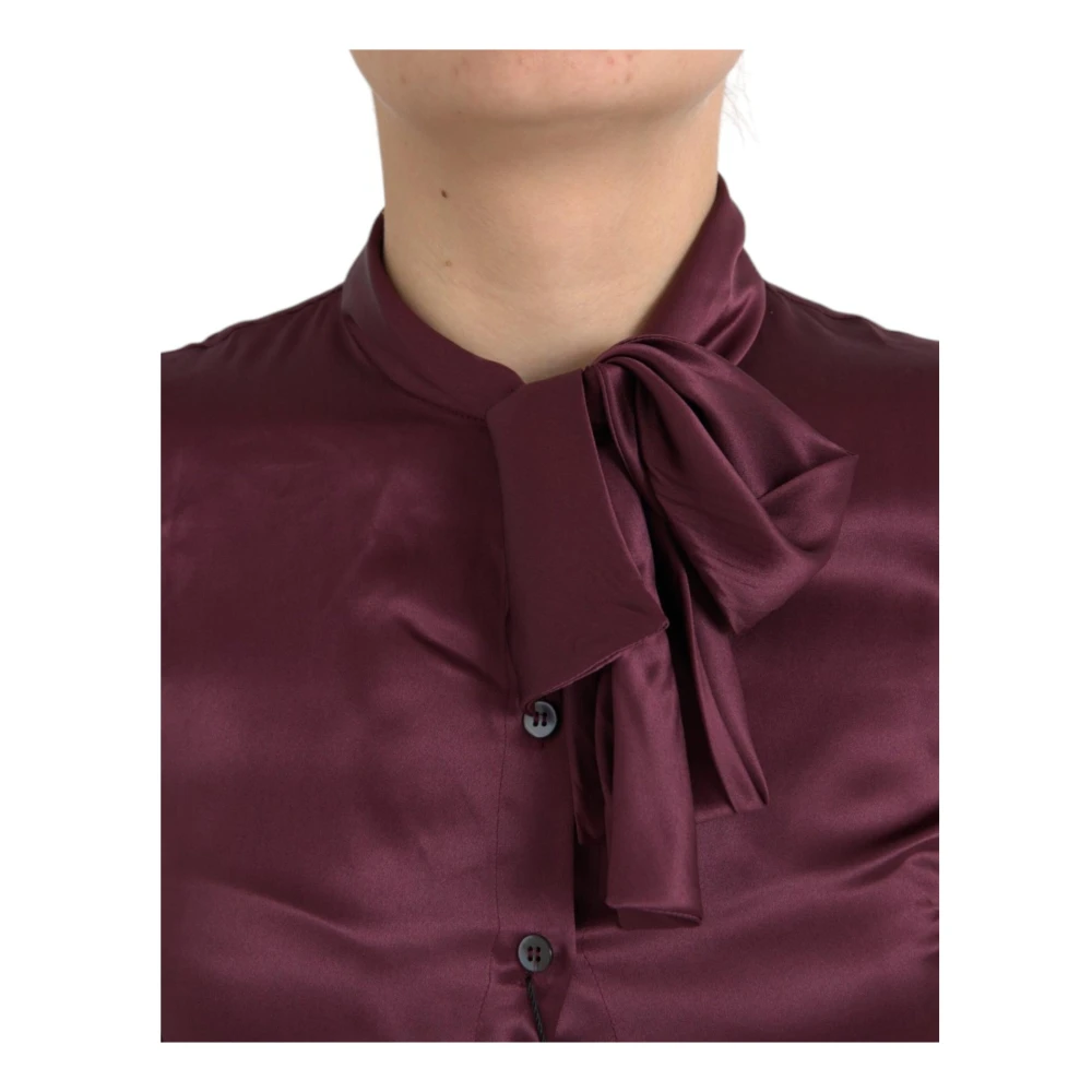 Dolce & Gabbana Bordeaux Zijden Ascot Kraag Blouse Top Brown Dames
