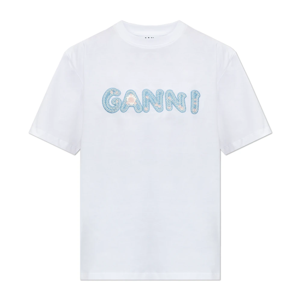 Ganni Women's White T-Shirt With Embroidered Logo - T-Shirts - Xs - Tops