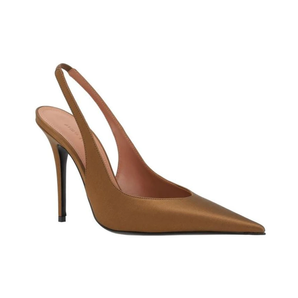 Amina Muaddi Women's Brown Satin Slingback Stiletto Heel Pumps