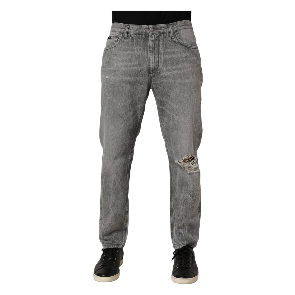 Dolce & Gabbana , Straight Fit Jeans, Male, Gray, M, Grey Distressed Straight Leg Men Denim Jeans