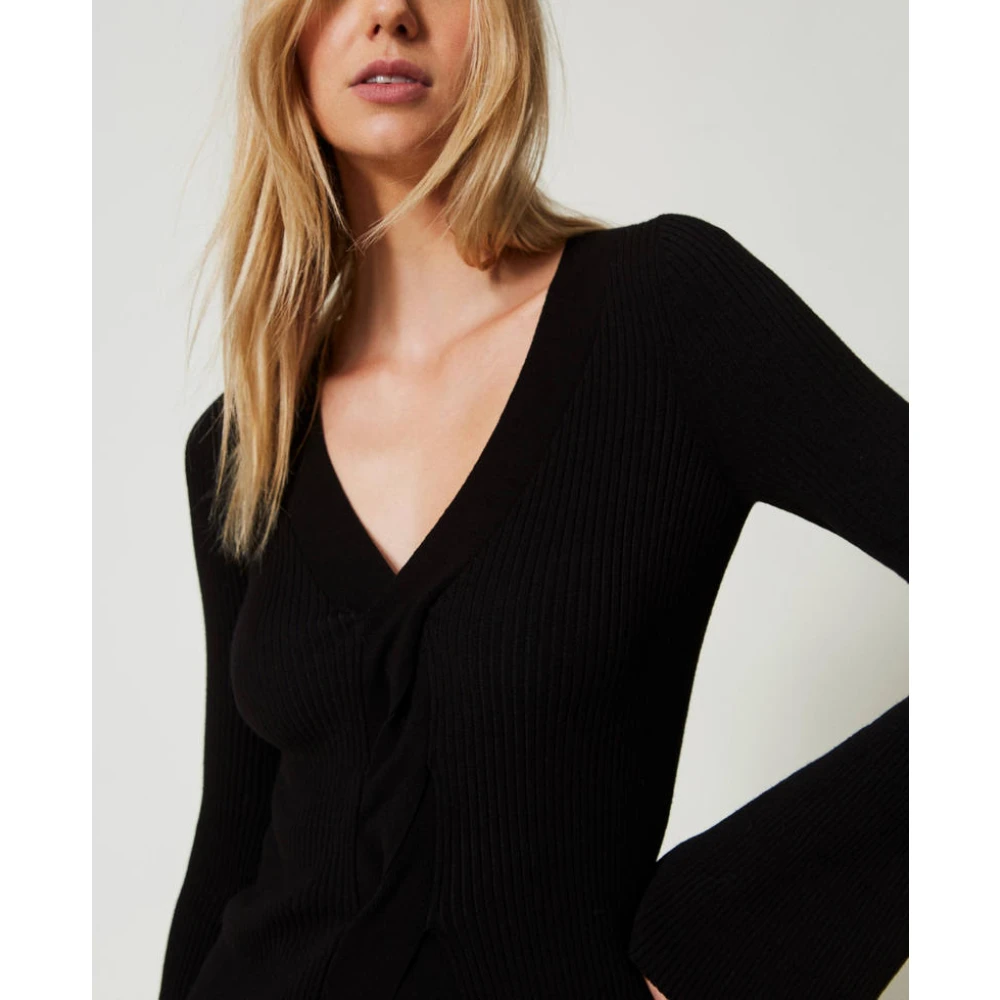Twinset Zwarte Geribbelde V-Hals Sweaters Black Dames