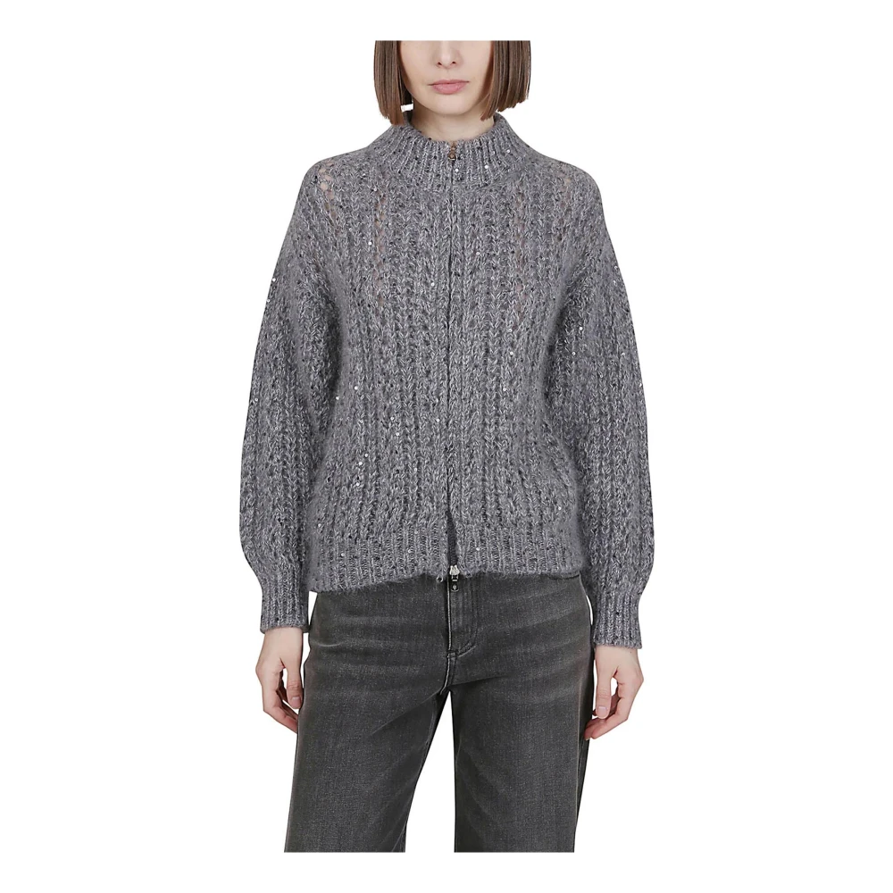 Eleventy Paillet Bomber Sweater in Mohair Zijde Gray Dames