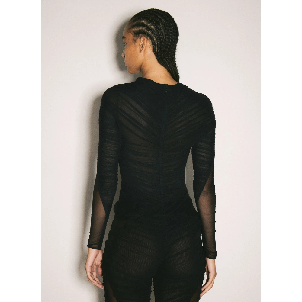 Mugler Geplooide Bodysuit met Lange Mouwen en Semi-Transparant Black Dames