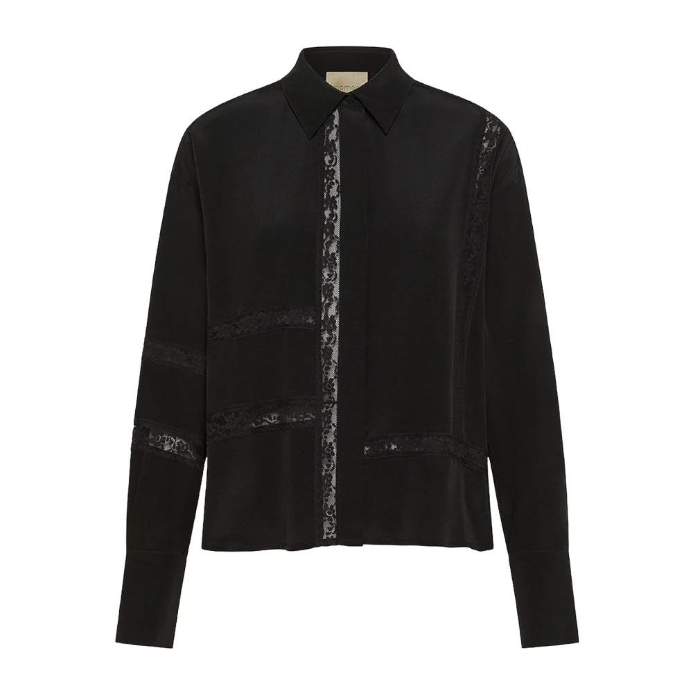 Momoni Women's Black Shirts, M, Boxy Silk Shirt With Lace Inserts