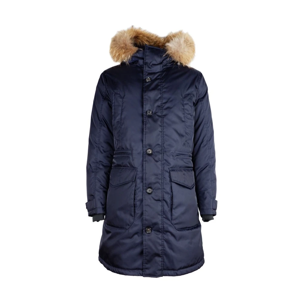 Add Uomo Blu Giacca Lunga In Piumino Con Cappuccio In Pelliccia