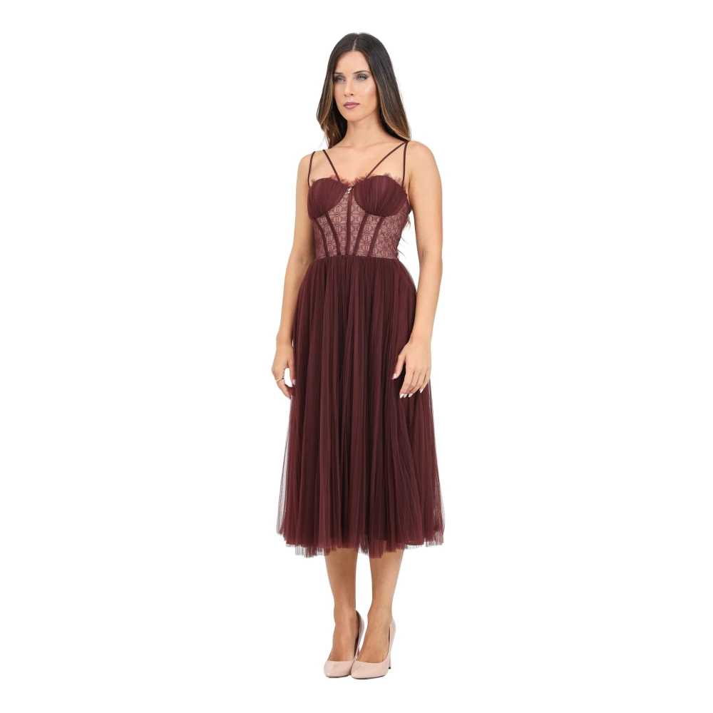 Elisabetta Franchi Bordeaux Tule Midi Jurk met Geplooide Rok Red Dames