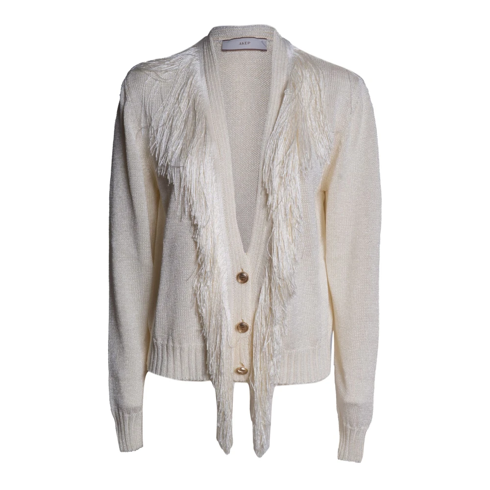 Akep Women's Beige Fringed V-Neck Cardigan - Cardigans - S - Knitwear