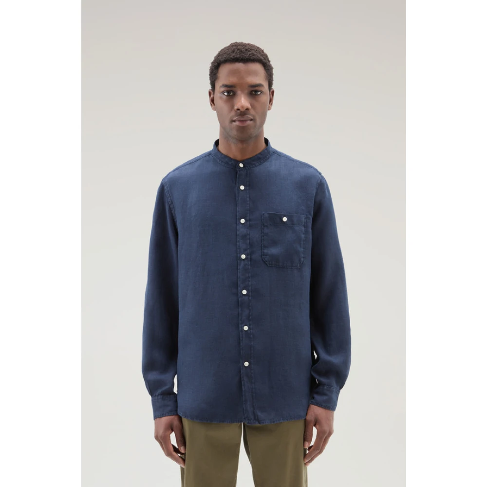 Woolrich Linnen Casual Overhemd Blue Heren