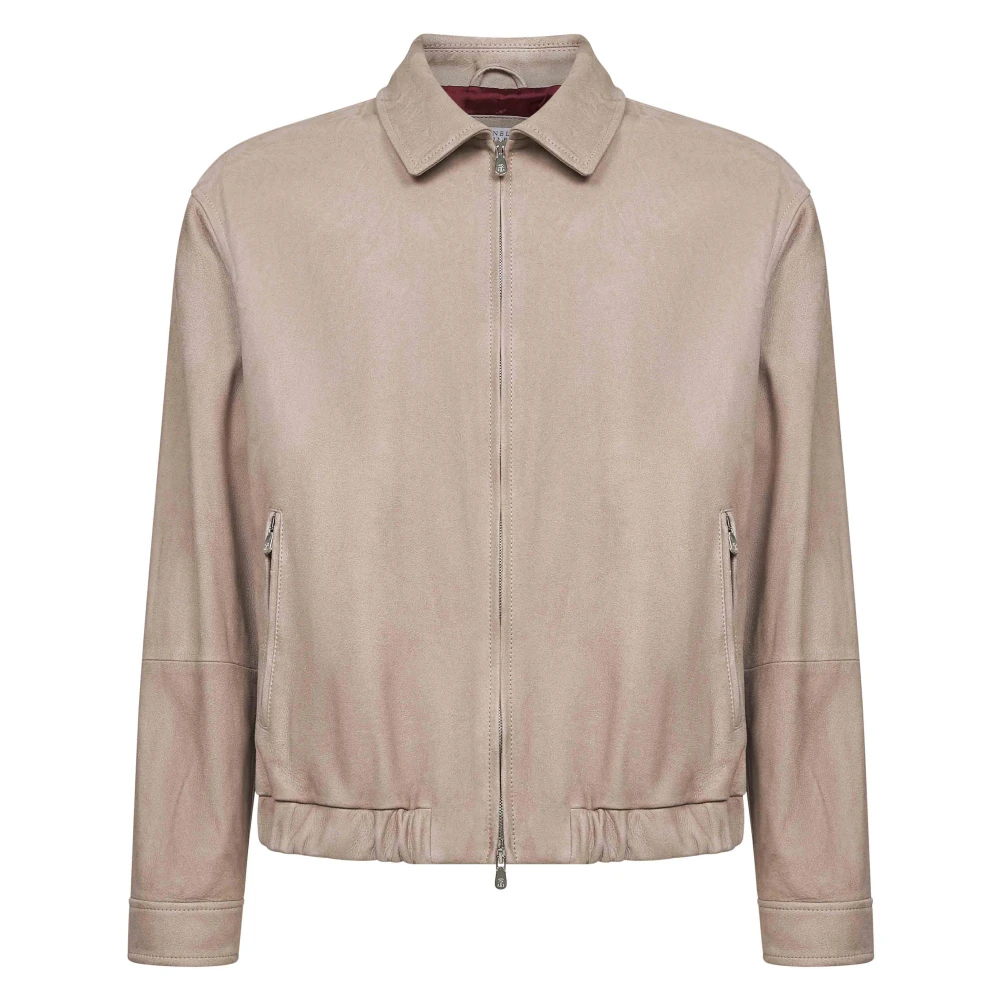 Brunello Cucinelli Men's Beige Leather Jackets, M, Country Suede Outerwear Jacket
