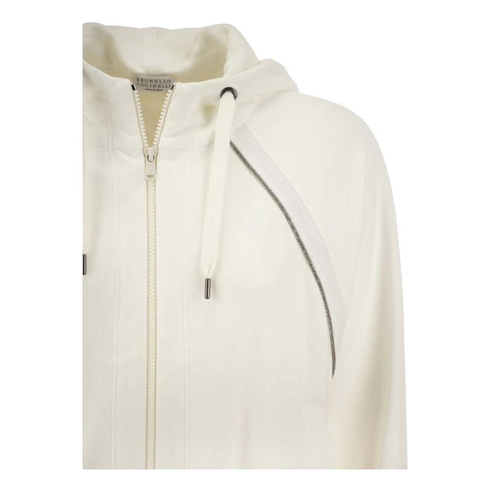 BRUNELLO CUCINELLI Katoenen fleece hoodie met glanzende biezen White Dames