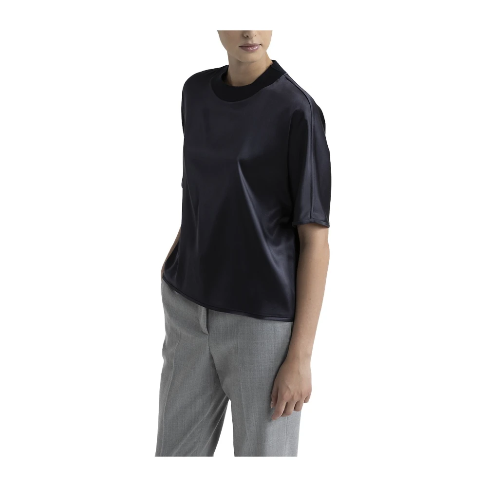 PESERICO Zijden satijnen T-shirt met ronde hals Blue Dames