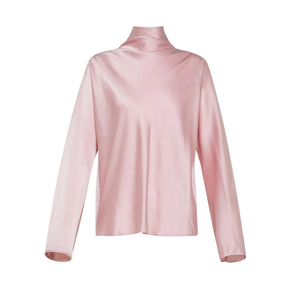 Forte Forte Vrouw Roze Tops Dames, S, Satijn, Zijden Satijnen Blouse Met Hoge Hals En Kimono Mouwen