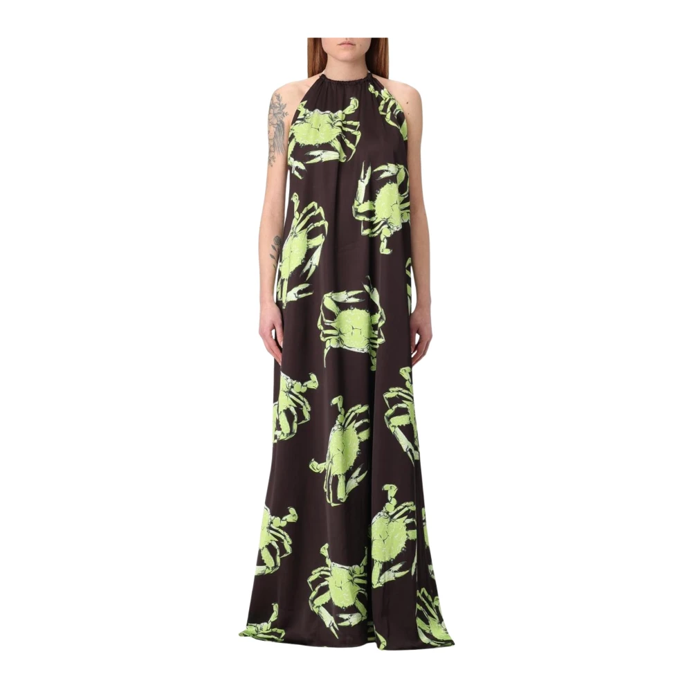 Msgm Women's Brown Crab Print Silk Maxi Dress