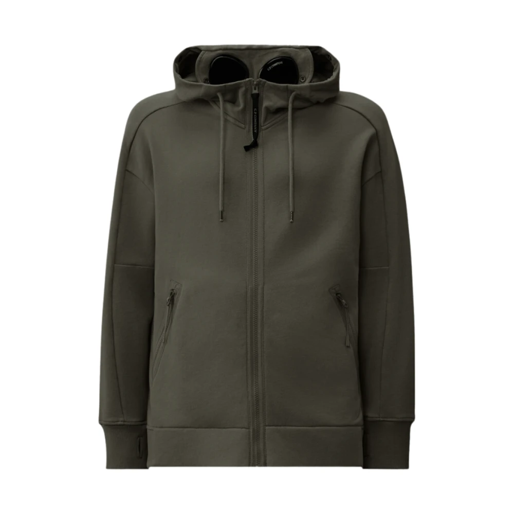 C.p. Company Men's Gray Zip-Throughs, L, Diagonal Raised Fleece Goggle Sweatshirt