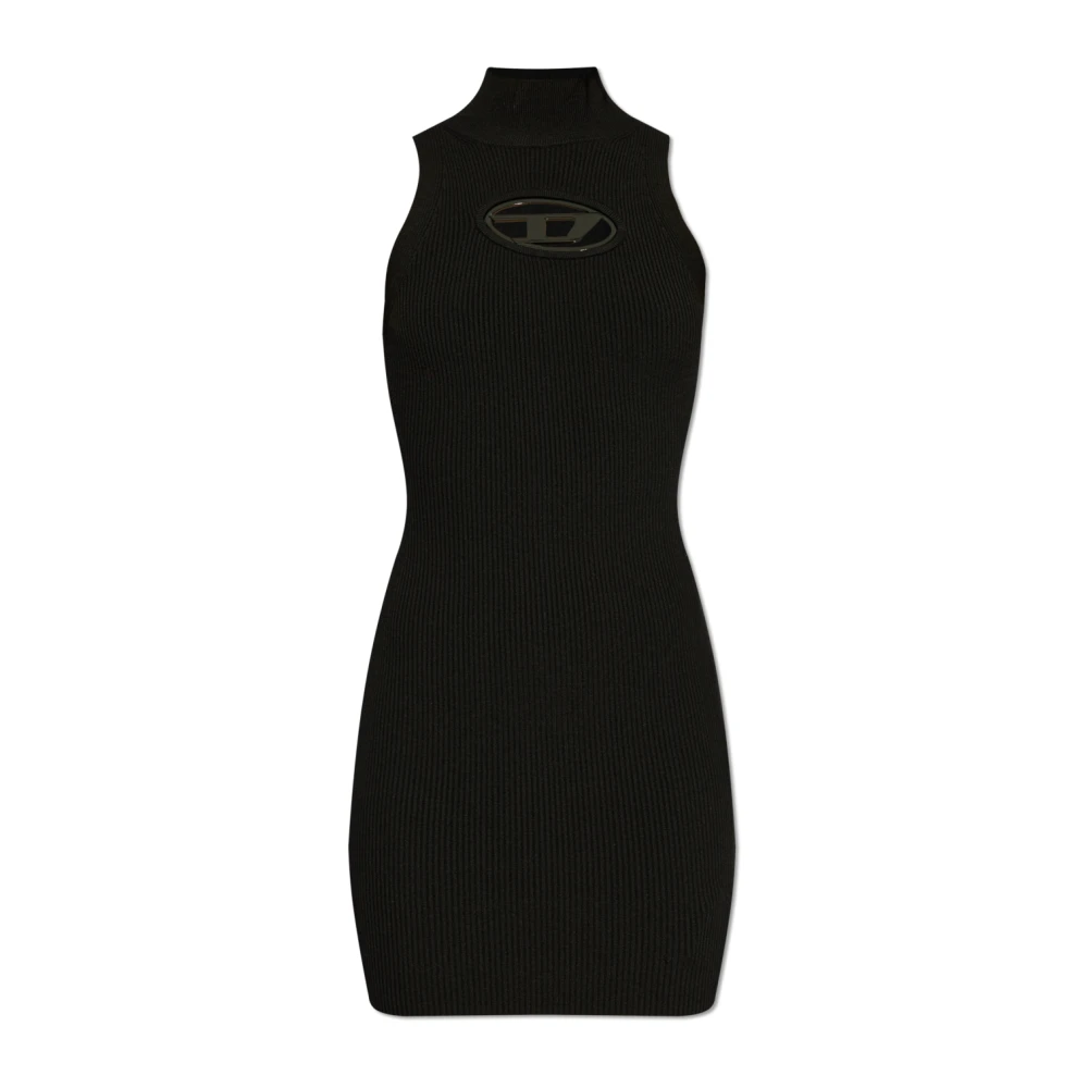 Diesel Geribbelde Mini Jurk met Logo Plaque Black Dames