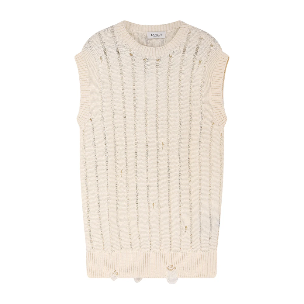 Laneus Men's Beige Crew-Neck Sleeveless Distressed Knit - Sleeveless Jumpers - M - Knitwear