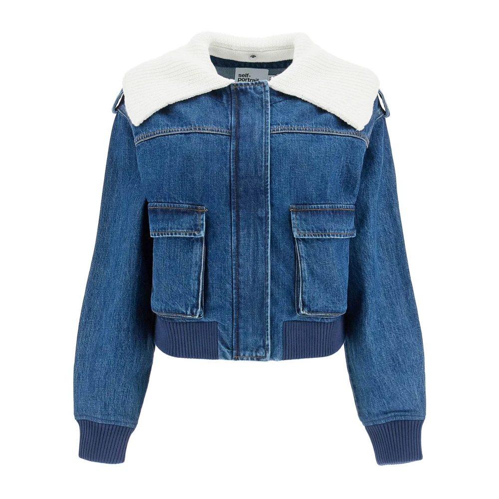 Self Portrait Denim Bomberjack met Geribbelde Kraag Blue Dames