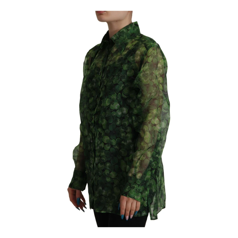 Dolce & Gabbana Zijden Klaverprint Kraagblouse Groen Green Dames