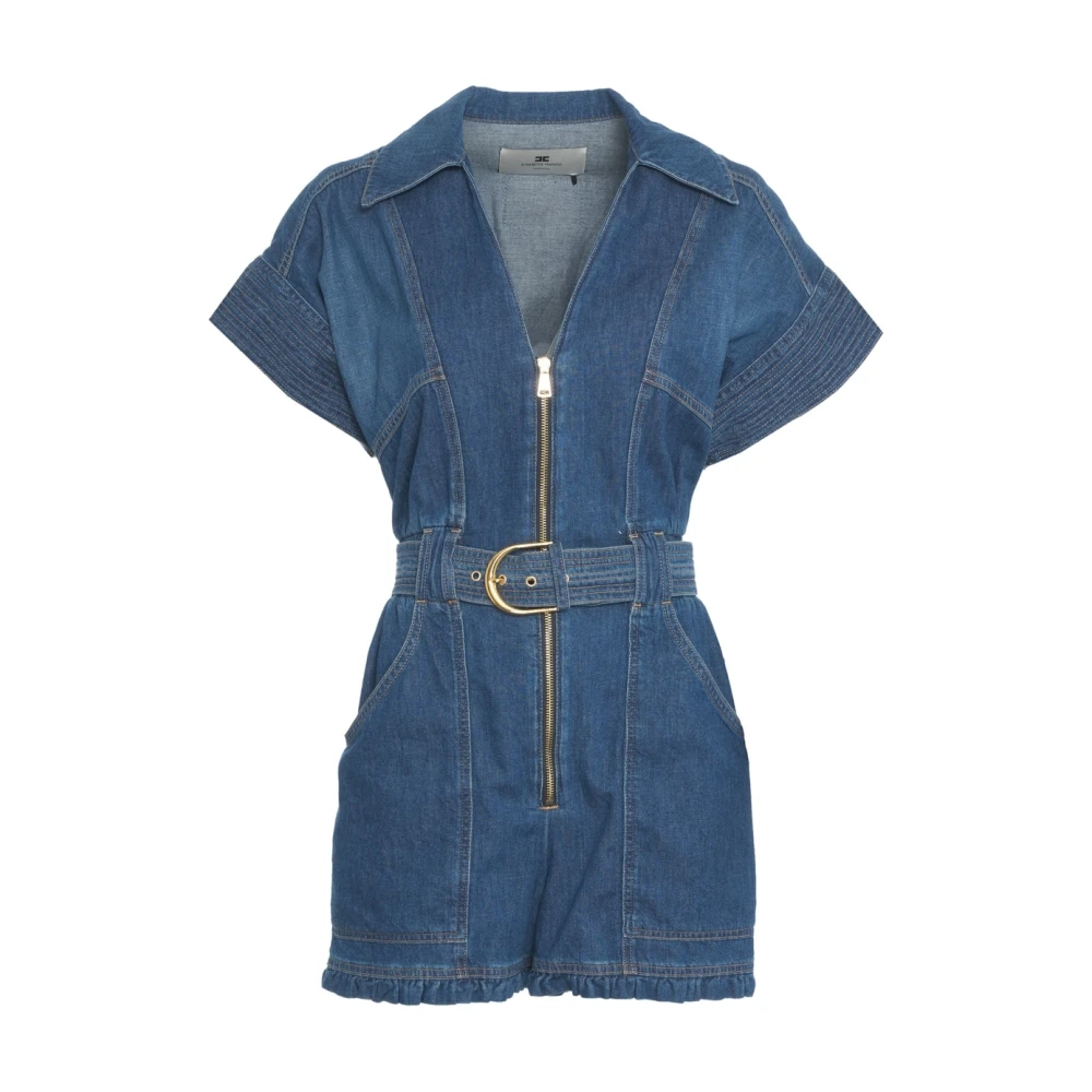 Elisabetta Franchi Blauwe Denim Korte Jumpsuit met Zakken Blue Dames