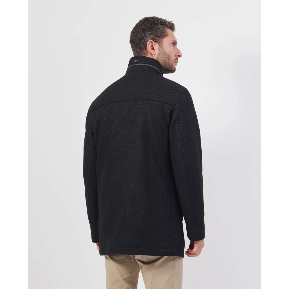 Hugo Boss Zwarte wollen hoge halsjas Black Heren