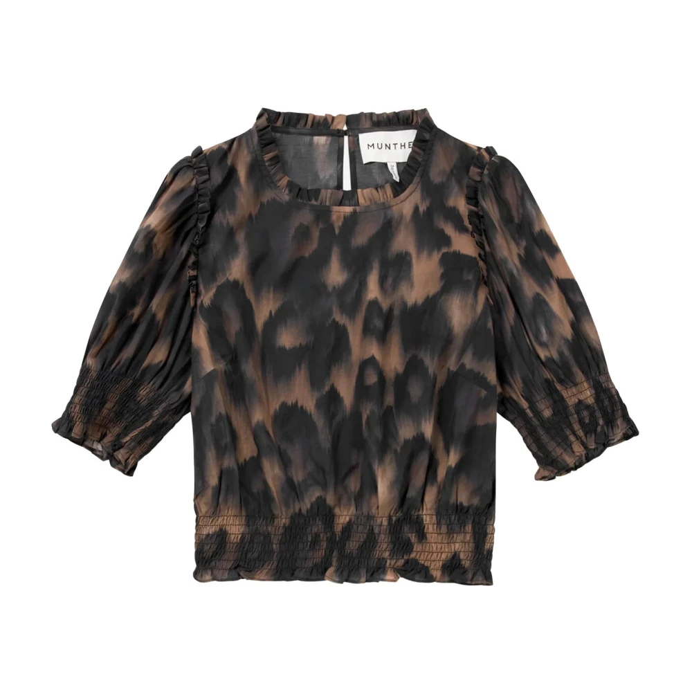 Munthe Luipaardprint Cropped Top met Smock Details Brown Dames
