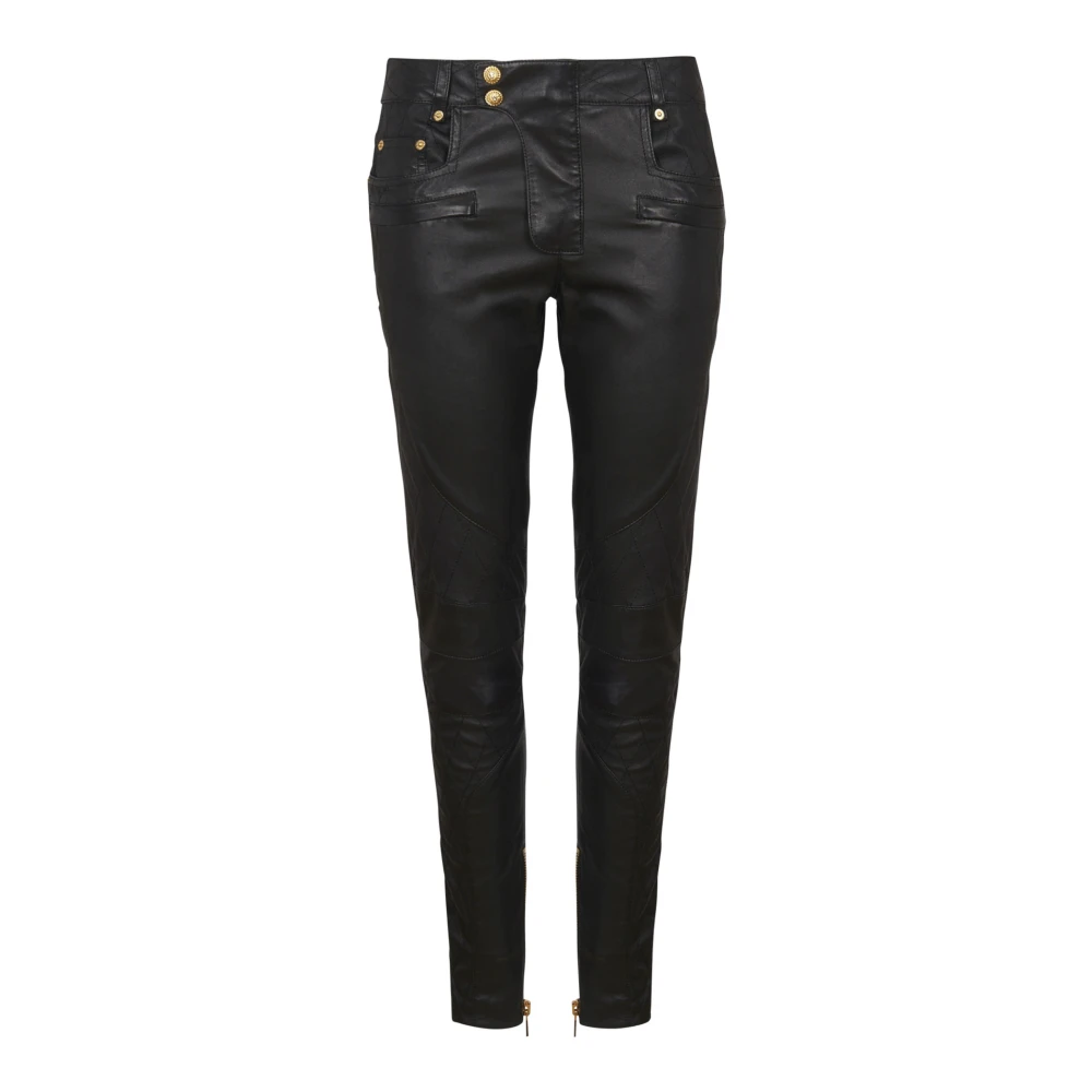 Balmain Gewatteerde lamsleren broek met diamantmotief Black Dames