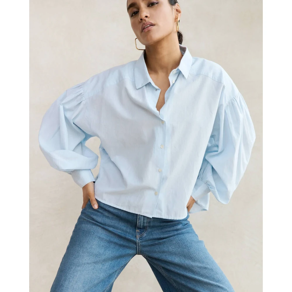 By-Bar Chambray Blouse Lange Mouw Sarah Blue Dames