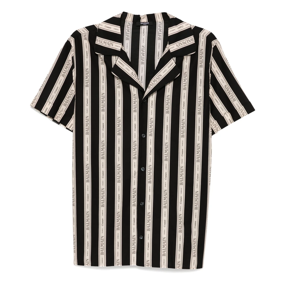 Balmain Gestreept Zwart Shirt Korte Mouwen Knoop Black Heren