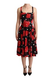 Black Red Bag Print A-line Mid Length Dress